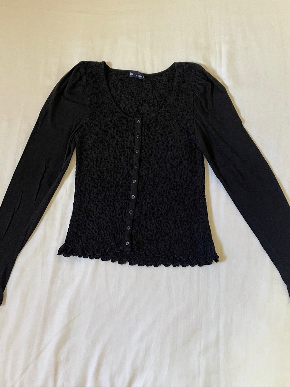 Gap Black Smocked Long-Sleeve Scoop Neck Button-Front Top